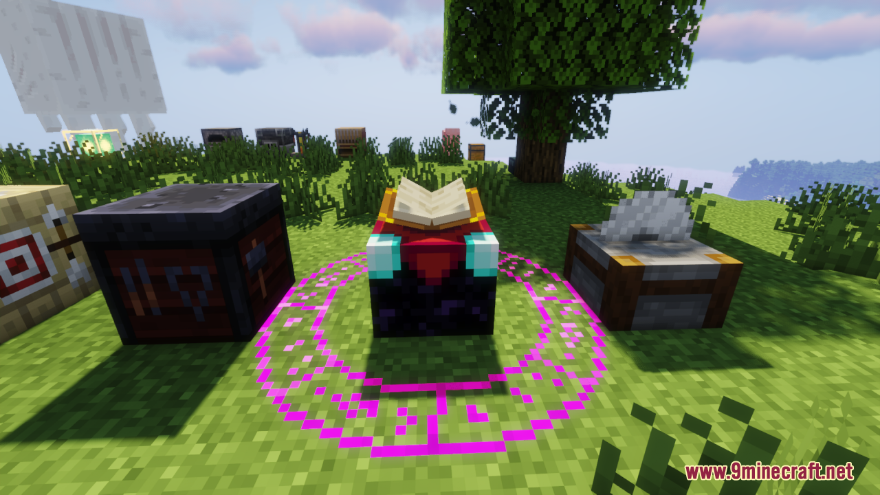 Fishy's Enchantment Table Resource Pack Screenshot 2 Open book on an enchanting table surrounded by a glowing purple magic circle