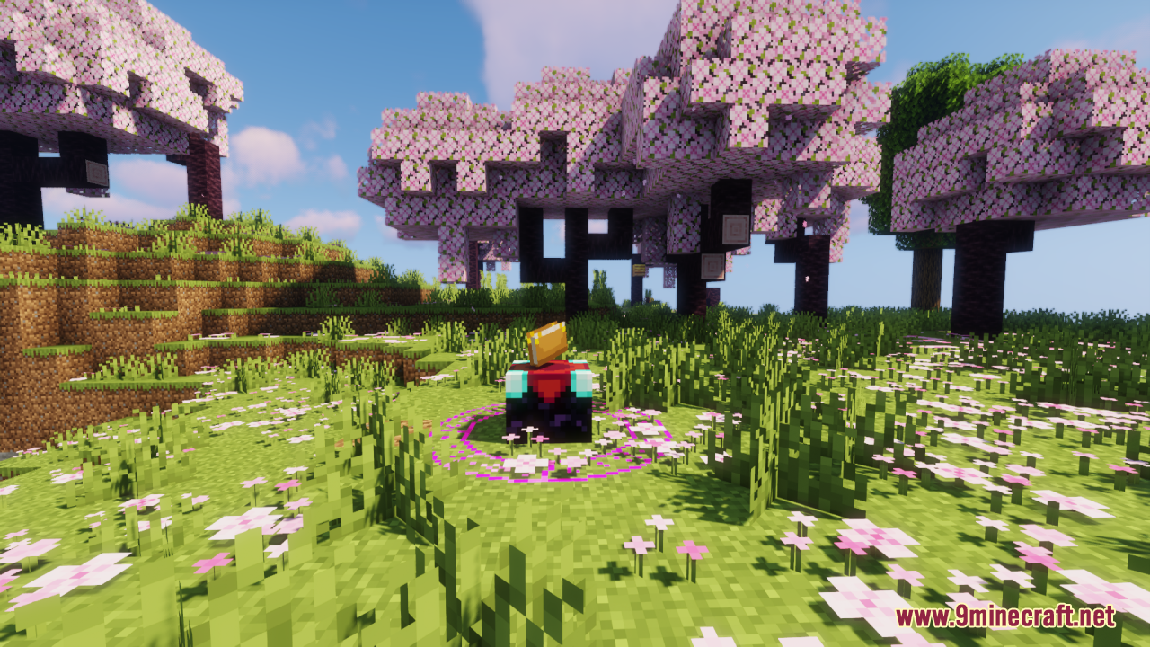 Fishy's Enchantment Table Resource Pack Screenshot 5 Enchanting table with a glowing purple magic circle in a cherry blossom biome