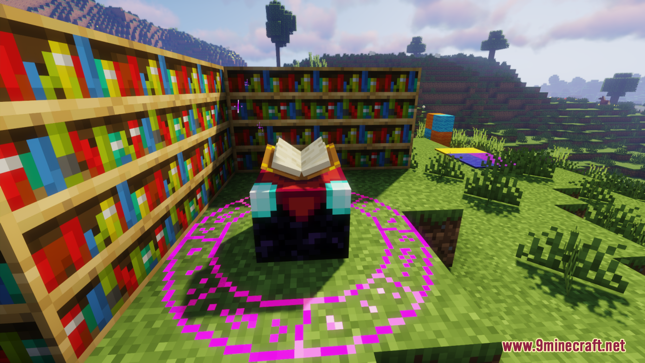 Fishy's Enchantment Table Resource Pack Screenshot 7 Enchanting table surrounded by bookshelves with a glowing pink magic circle underneath
