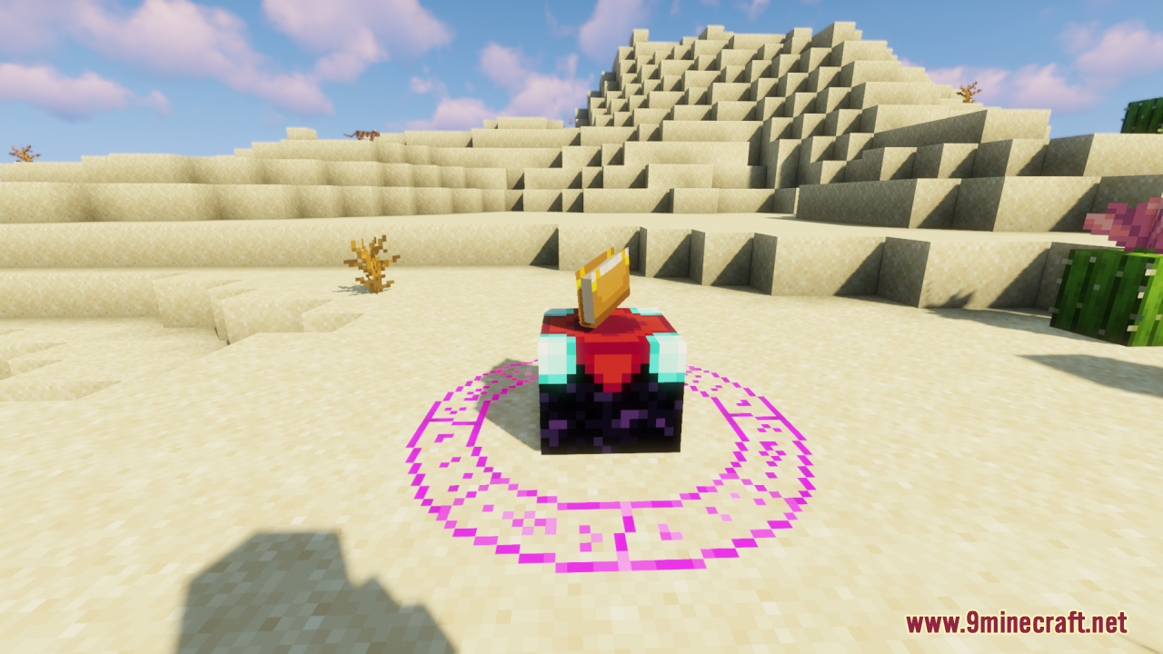 Fishy's Enchantment Table Resource Pack Screenshot 9 A Minecraft enchanting table with a glowing purple magic circle underneath it