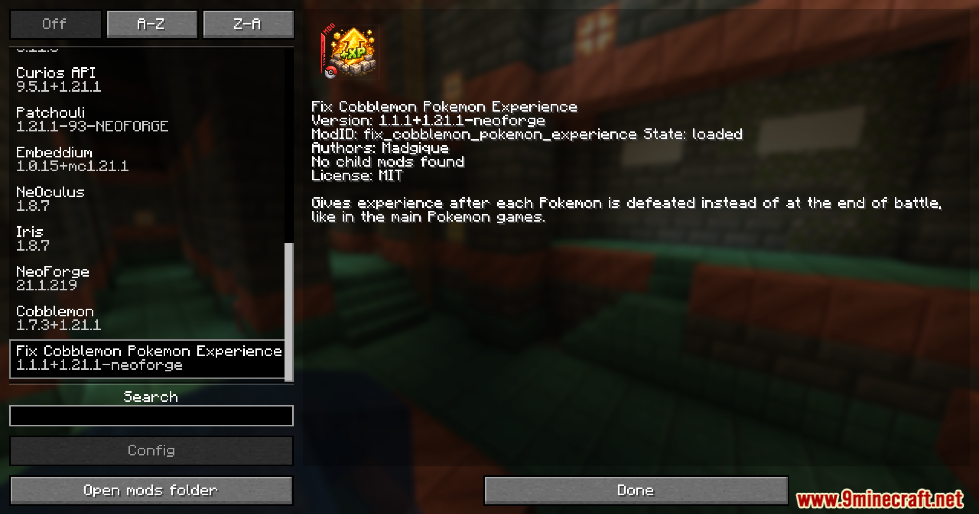 Fix Cobblemon Pokemon Experience Mod Screenshot 1 Viewing the Fix Cobblemon Pokemon Experience mod in the menu