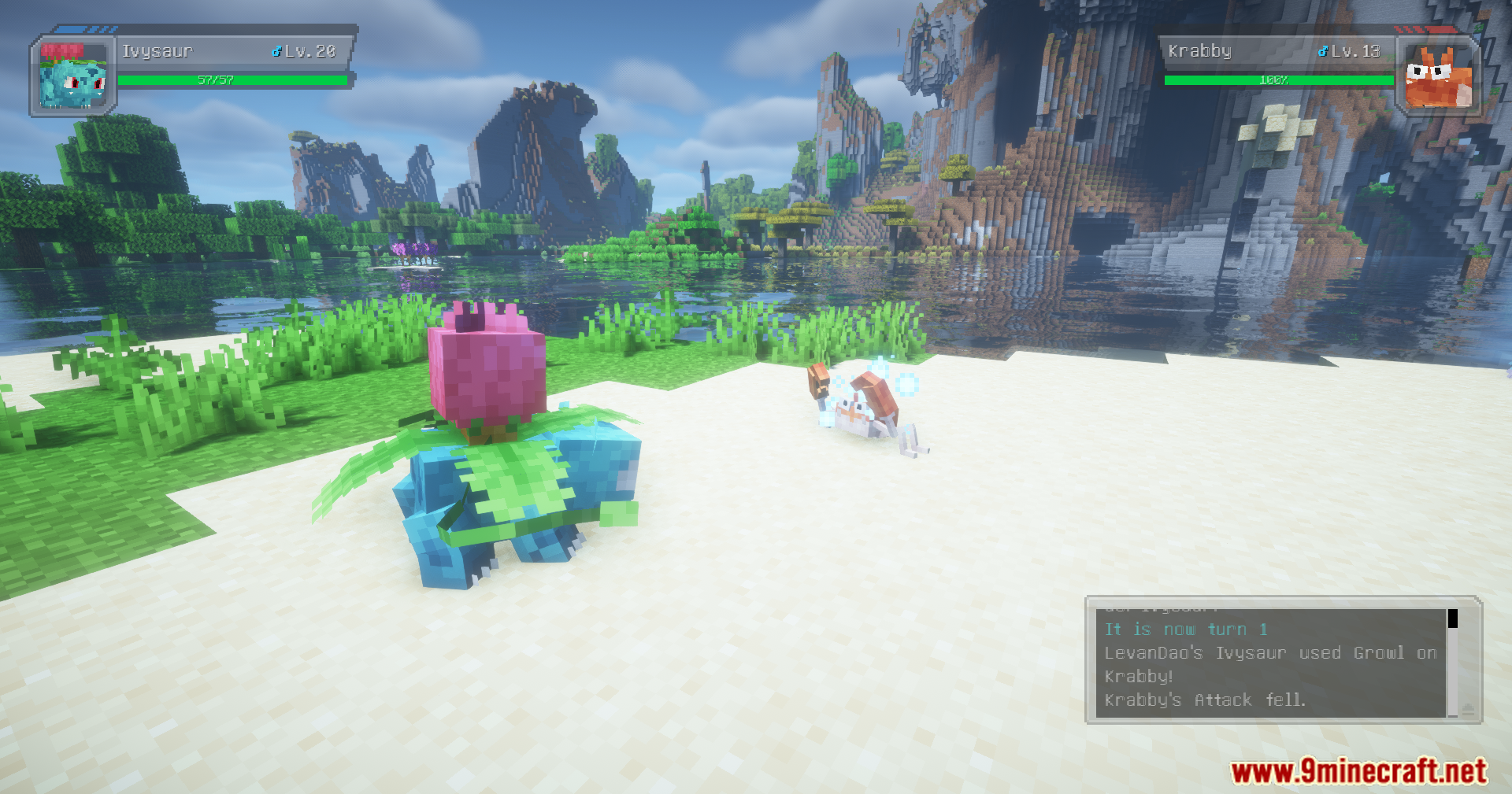 Fix Cobblemon Pokemon Experience Mod Screenshot 10 Ivysaur battling Krabby on a sandy beach