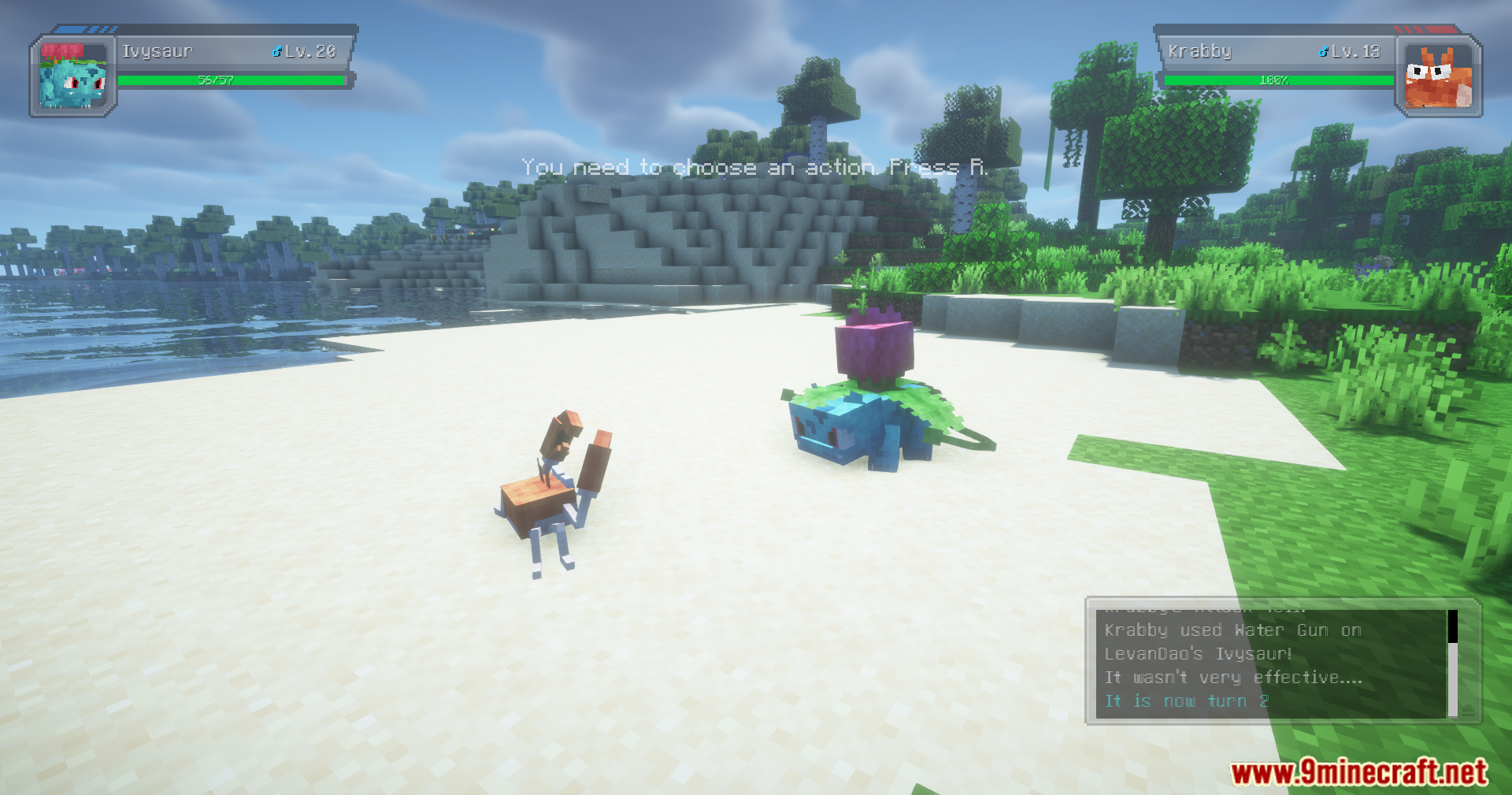 Fix Cobblemon Pokemon Experience Mod Screenshot 11 A battle scene between Ivysaur and Krabby in Minecraft
