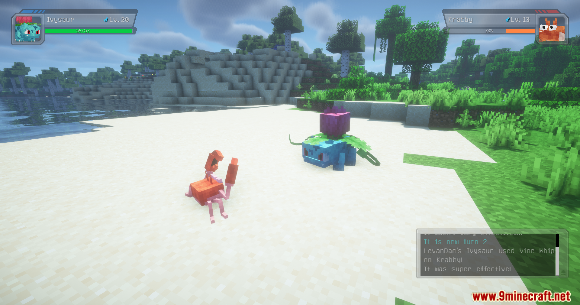 Fix Cobblemon Pokemon Experience Mod Screenshot 12 Ivysaur using Vine Whip on Krabby during a battle