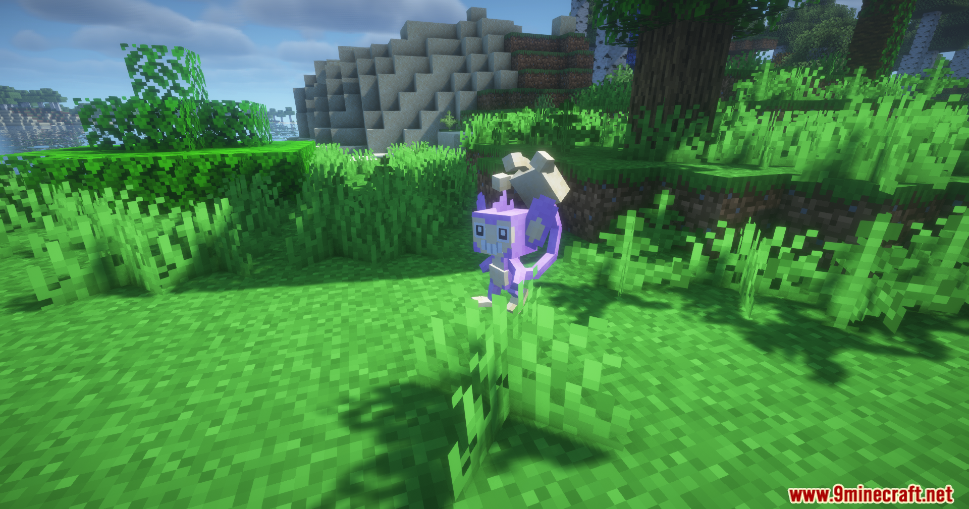 Fix Cobblemon Pokemon Experience Mod Screenshot 15 Purple Aipom Pokemon standing in a grassy Minecraft field