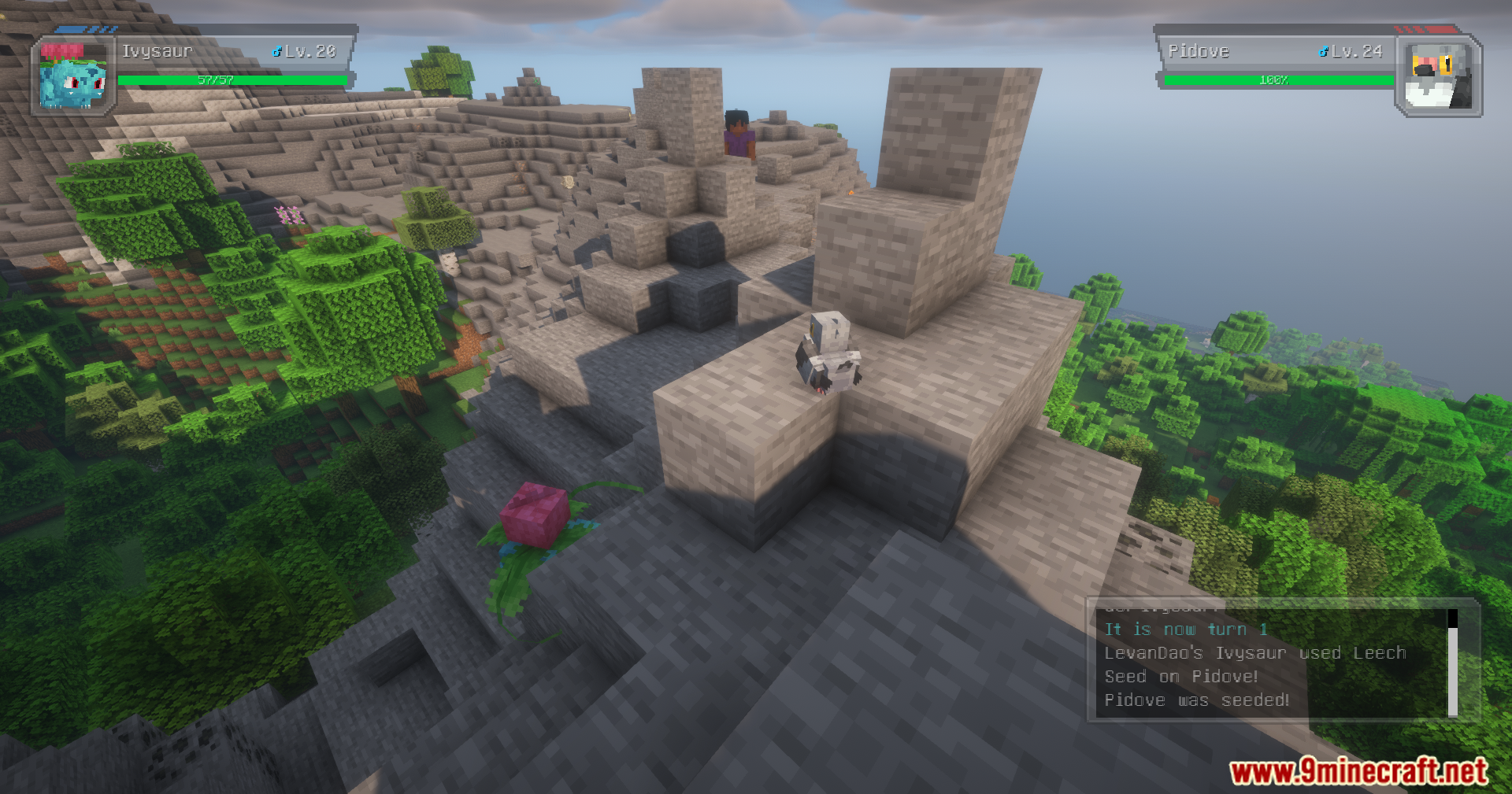 Fix Cobblemon Pokemon Experience Mod Screenshot 2 Cobblemon battle between Ivysaur and Pidove on a mountain