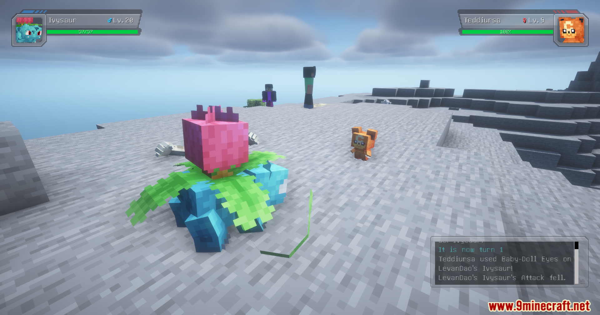 Fix Cobblemon Pokemon Experience Mod Screenshot 4 Ivysaur fighting a Teddiursa in a Cobblemon mod battle