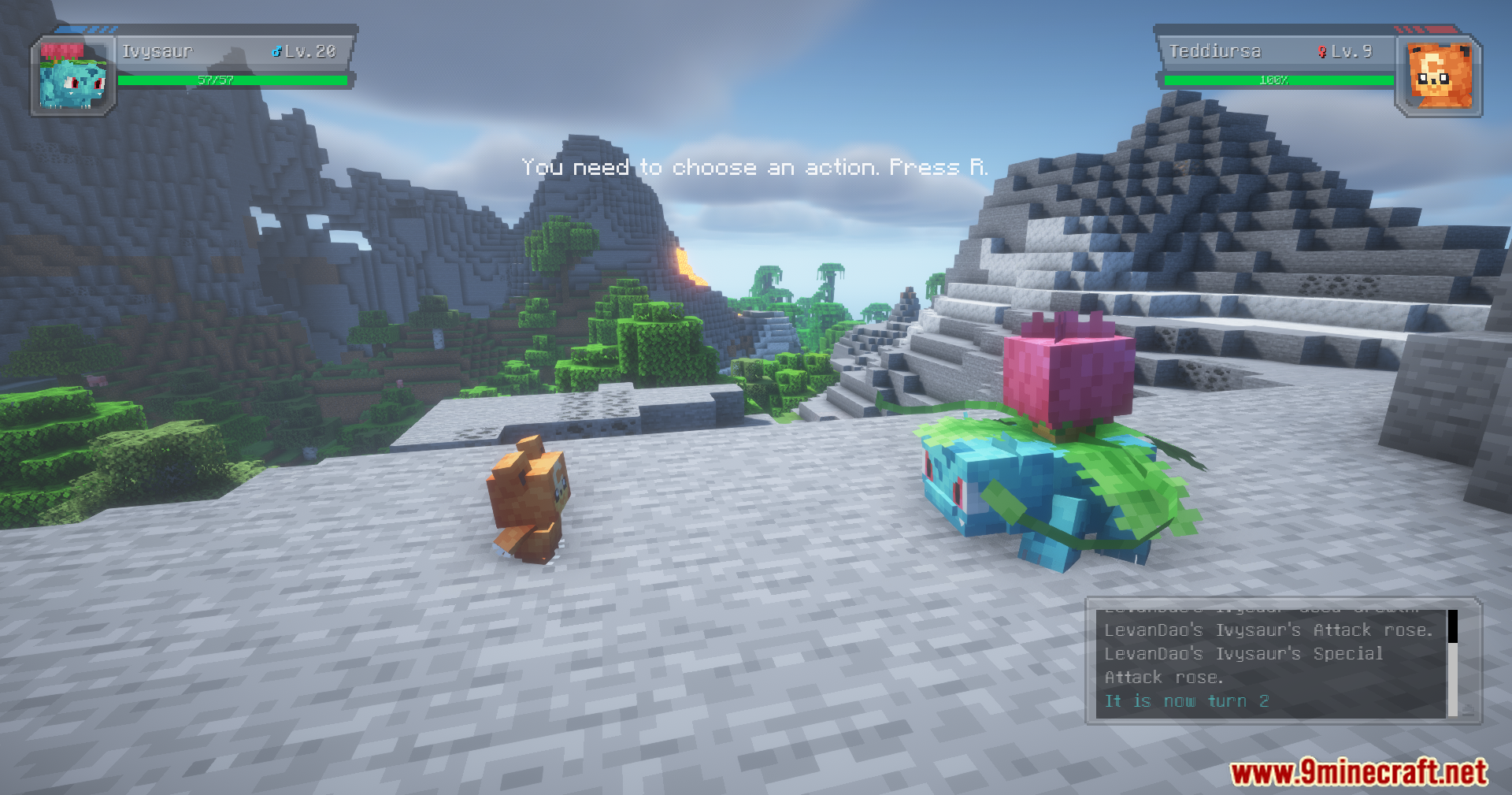 Fix Cobblemon Pokemon Experience Mod Screenshot 5 Pokemon battle interface showing Ivysaur and Teddiursa