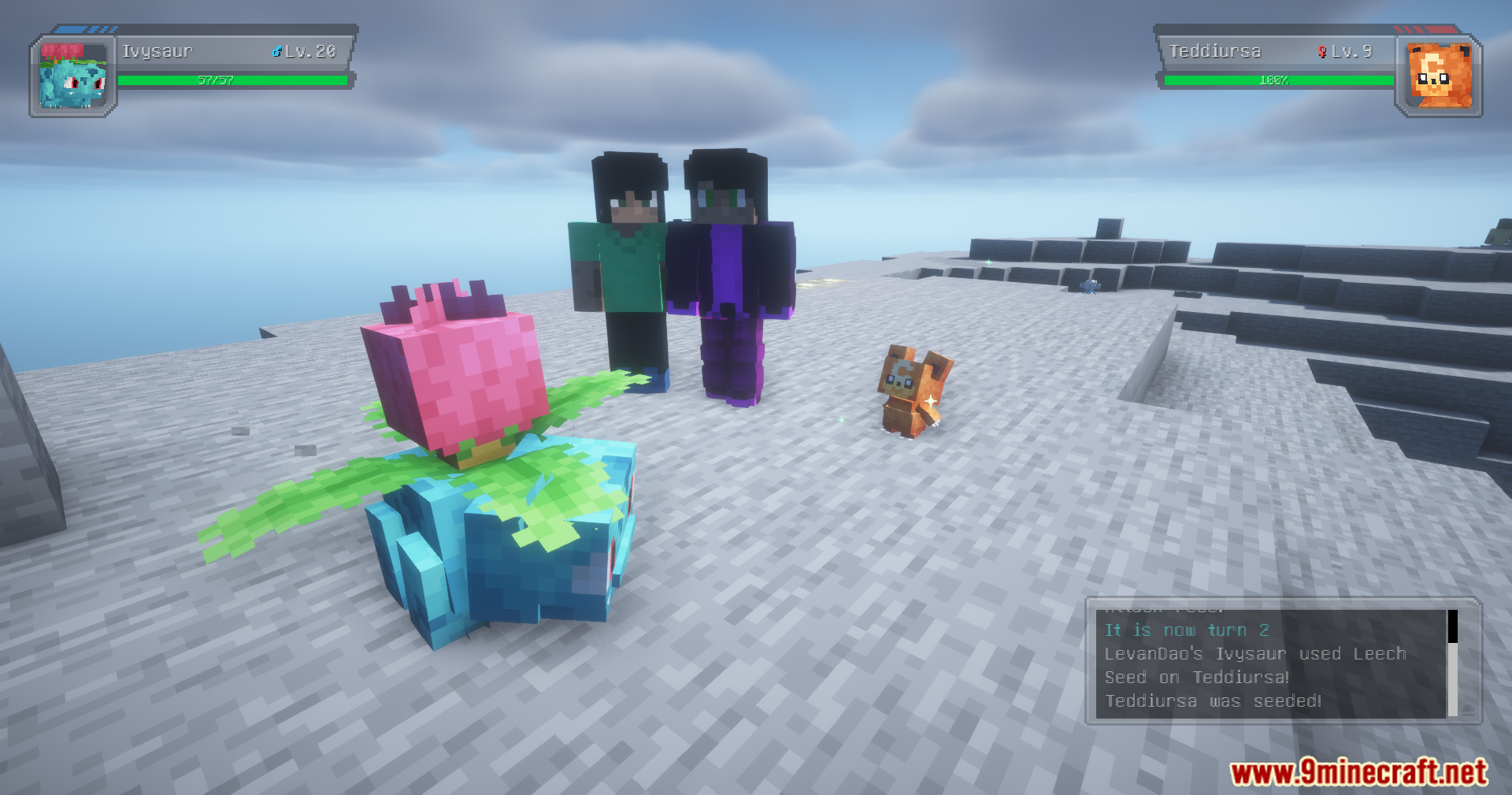 Fix Cobblemon Pokemon Experience Mod Screenshot 6 Two players watching a Pokemon battle in Minecraft