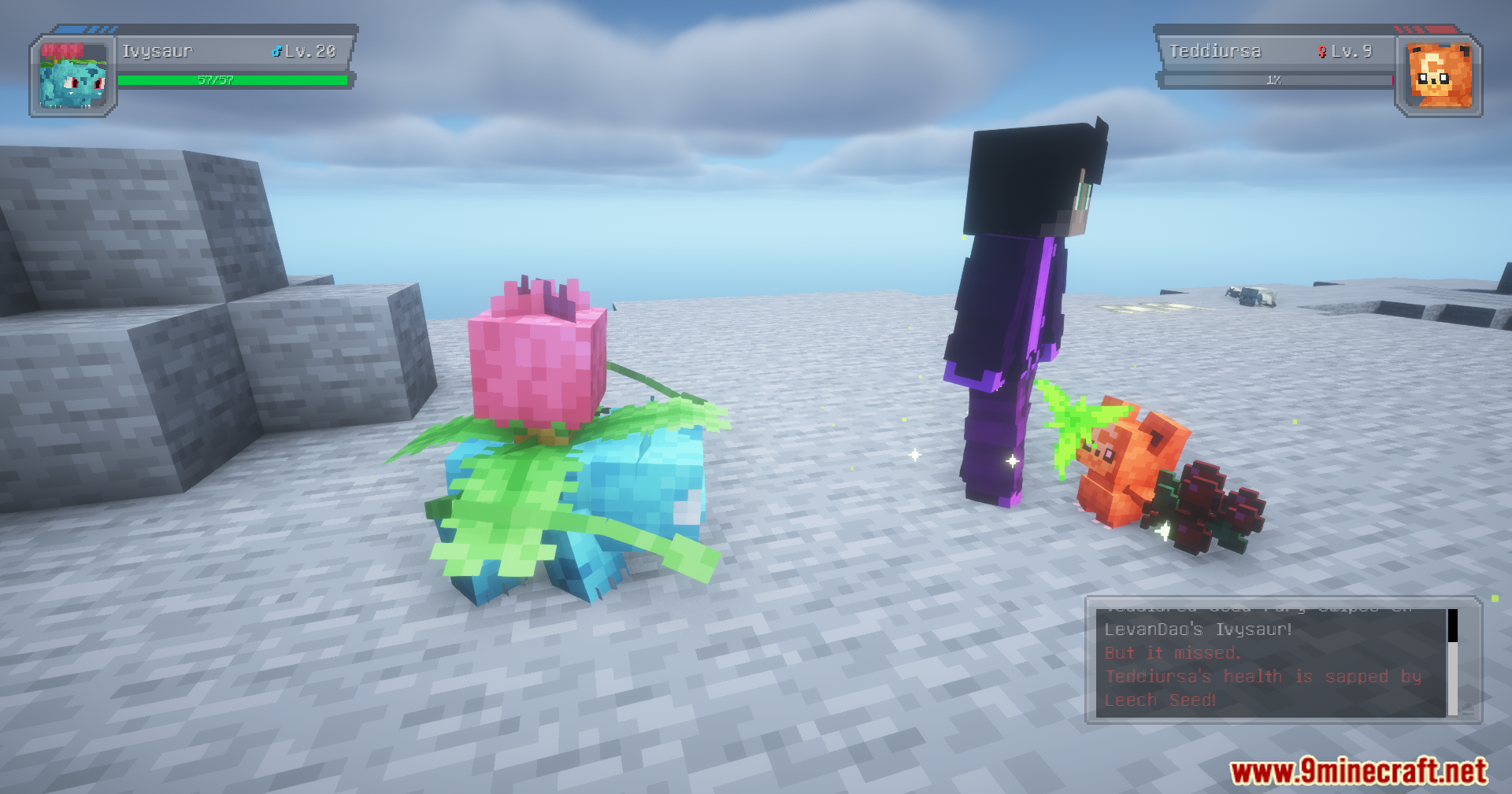 Fix Cobblemon Pokemon Experience Mod Screenshot 8 Teddiursa taking damage from Leech Seed in a Pokemon battle