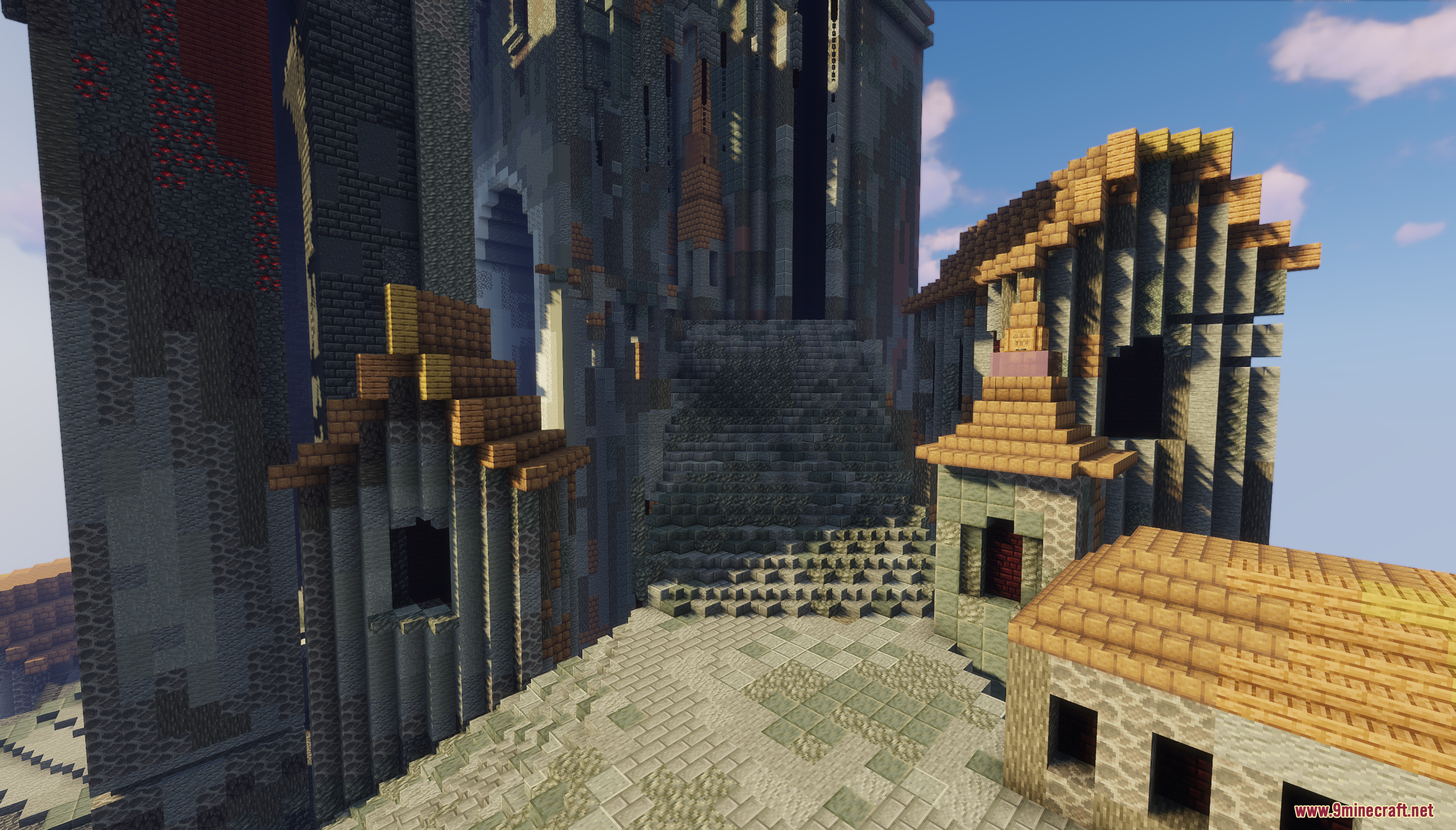 Floating Citadel Map Screenshot 7 Detailed view of stone stairs and small buildings in a Minecraft citadel courtyard