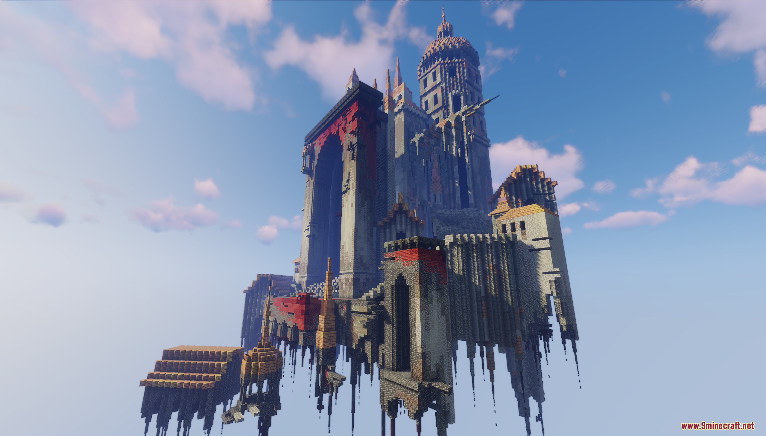 Floating Citadel Map Screenshot 8 Wide view of a massive floating citadel structure suspended high in the sky