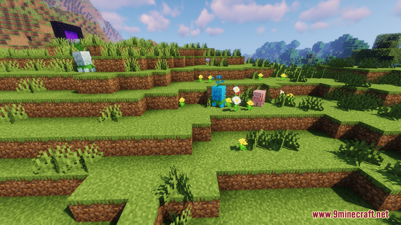 Floral Creeper Resource Pack Screenshot 11 Blue and white flower creatures standing in a grassy field with a pig