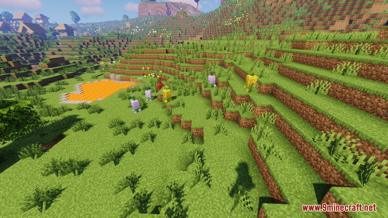 Floral Creeper Resource Pack Screenshot 12 Several colorful flower creatures wandering near a lava pool in a grassy landscape