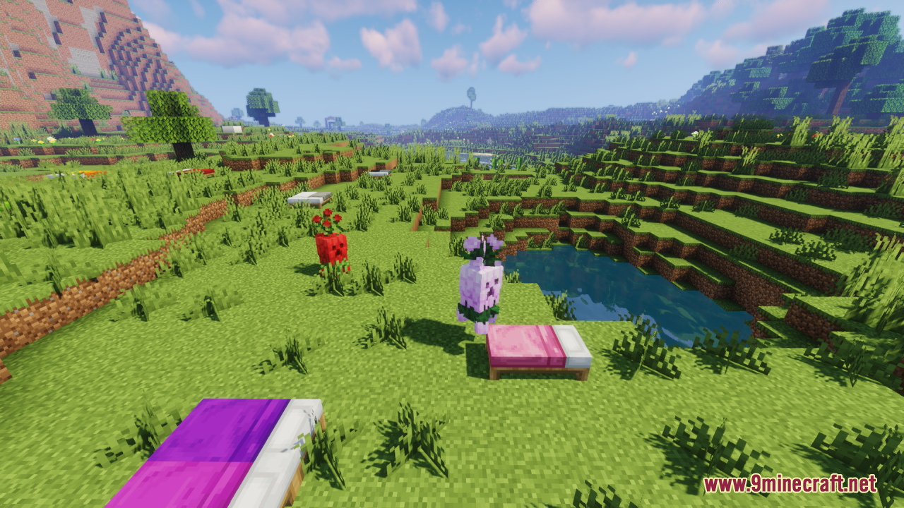 Floral Creeper Resource Pack Screenshot 6 Purple flower creeper standing beside a pink bed near a small pond