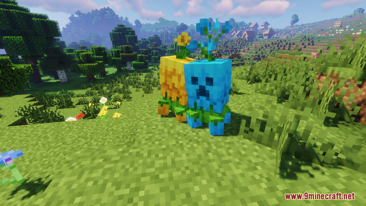 Floral Creeper Resource Pack Screenshot 7 Two short floral creepers with blooming heads standing in a grassy field