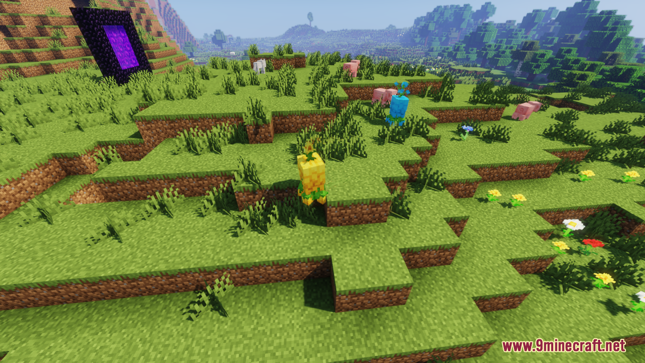 Floral Creeper Resource Pack Screenshot 8 A yellow floral creeper exploring a grassy landscape near a nether portal