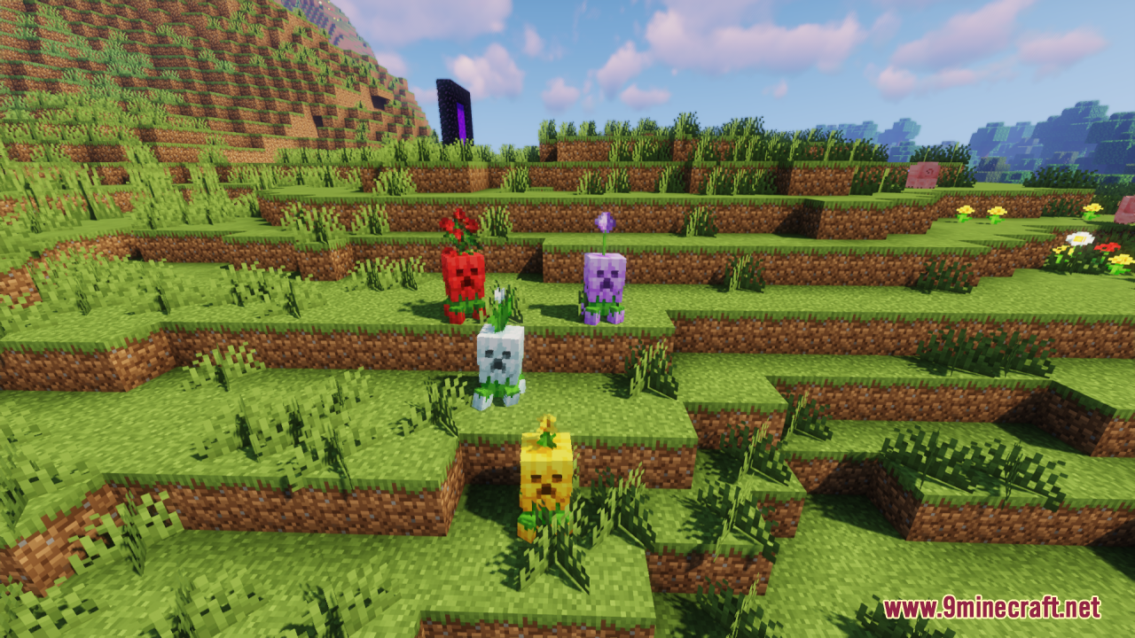 Floral Creeper Resource Pack Screenshot 9 Several small colorful flower creepers standing on a grassy hill in daylight