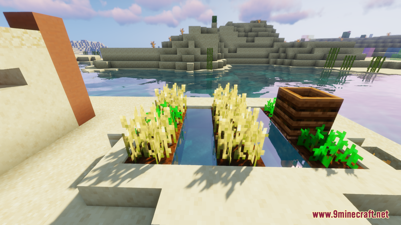 Flowering Crops Growth Marker Resource Pack Screenshot 1 Fully grown wheat and crops with small flowers next to a composter