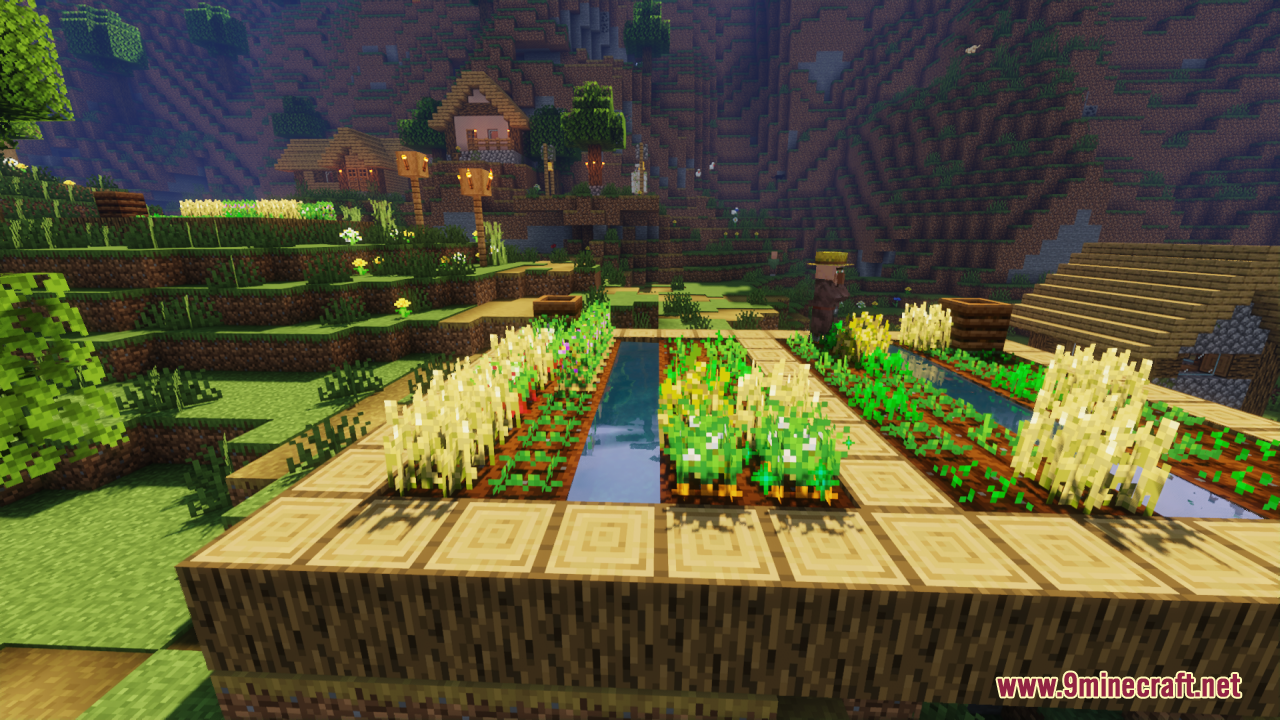 Flowering Crops Growth Marker Resource Pack Screenshot 12 Minecraft village farm showing mature crops with small flowers ready for harvest