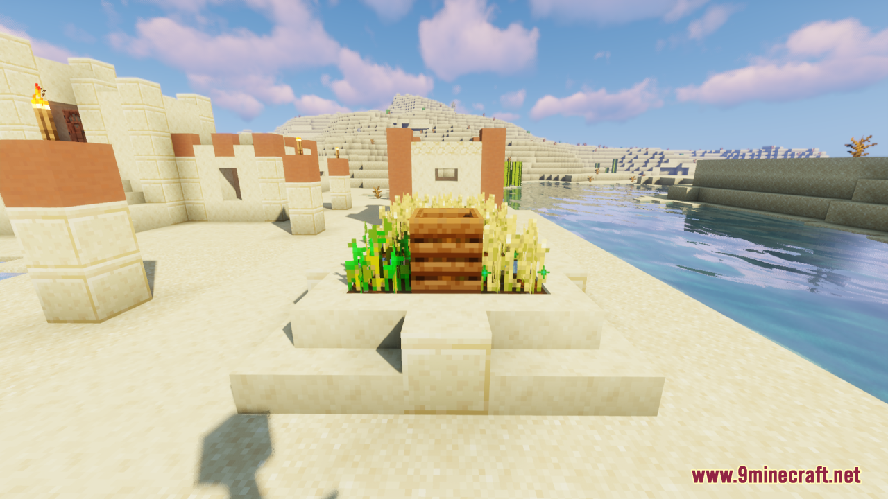 Flowering Crops Growth Marker Resource Pack Screenshot 4 A composter surrounded by fully grown wheat crops in a desert village