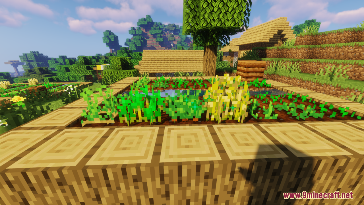 Flowering Crops Growth Marker Resource Pack Screenshot 5 Minecraft farm showing fully grown crops with tiny flowers indicating harvest readiness