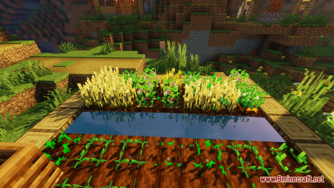 Flowering Crops Growth Marker Resource Pack Screenshot 9 Minecraft farm showing fully grown crops with flowers and young green sprouts