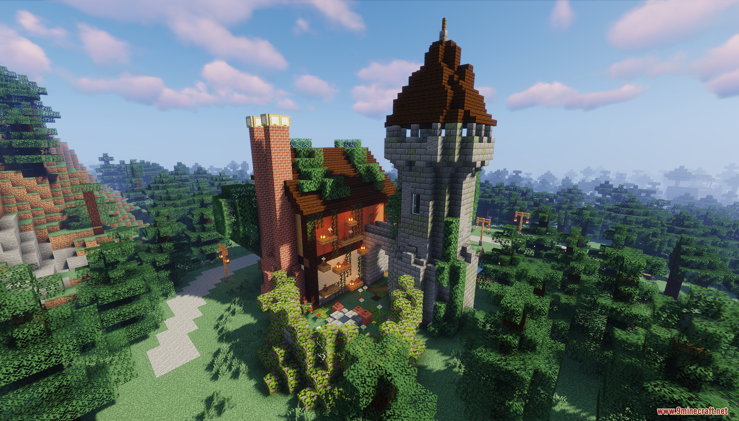 Aerial view of a medieval home with a tall brick chimney
