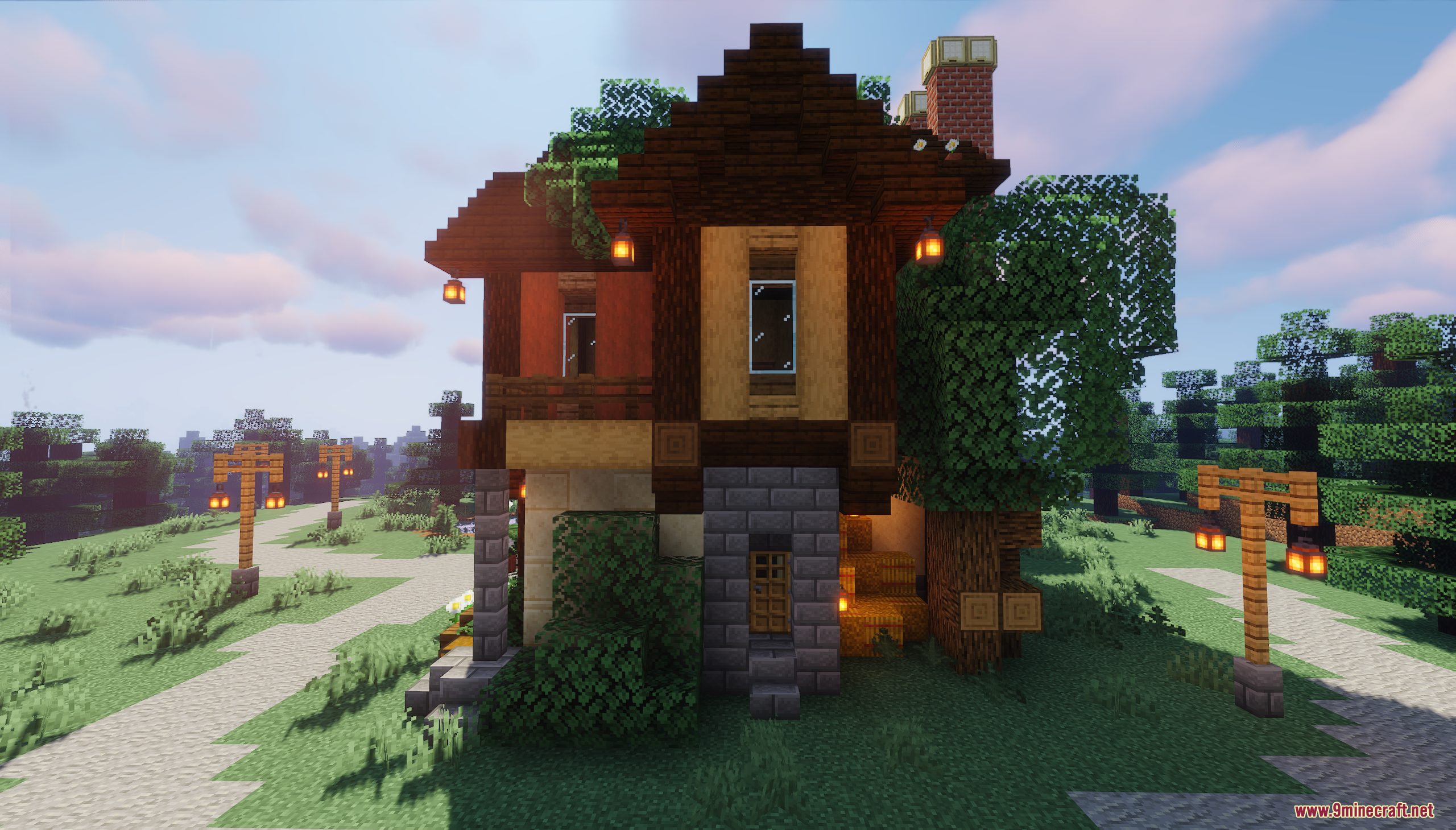 A cozy medieval timber-frame house in a lush forest