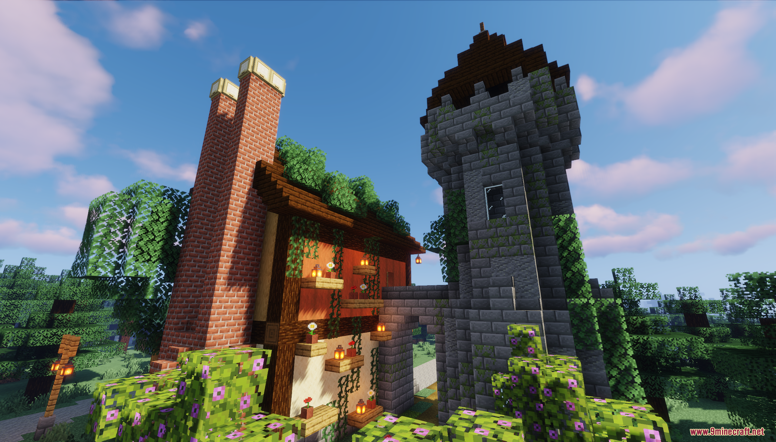 A medieval house with a tall brick chimney and stone tower