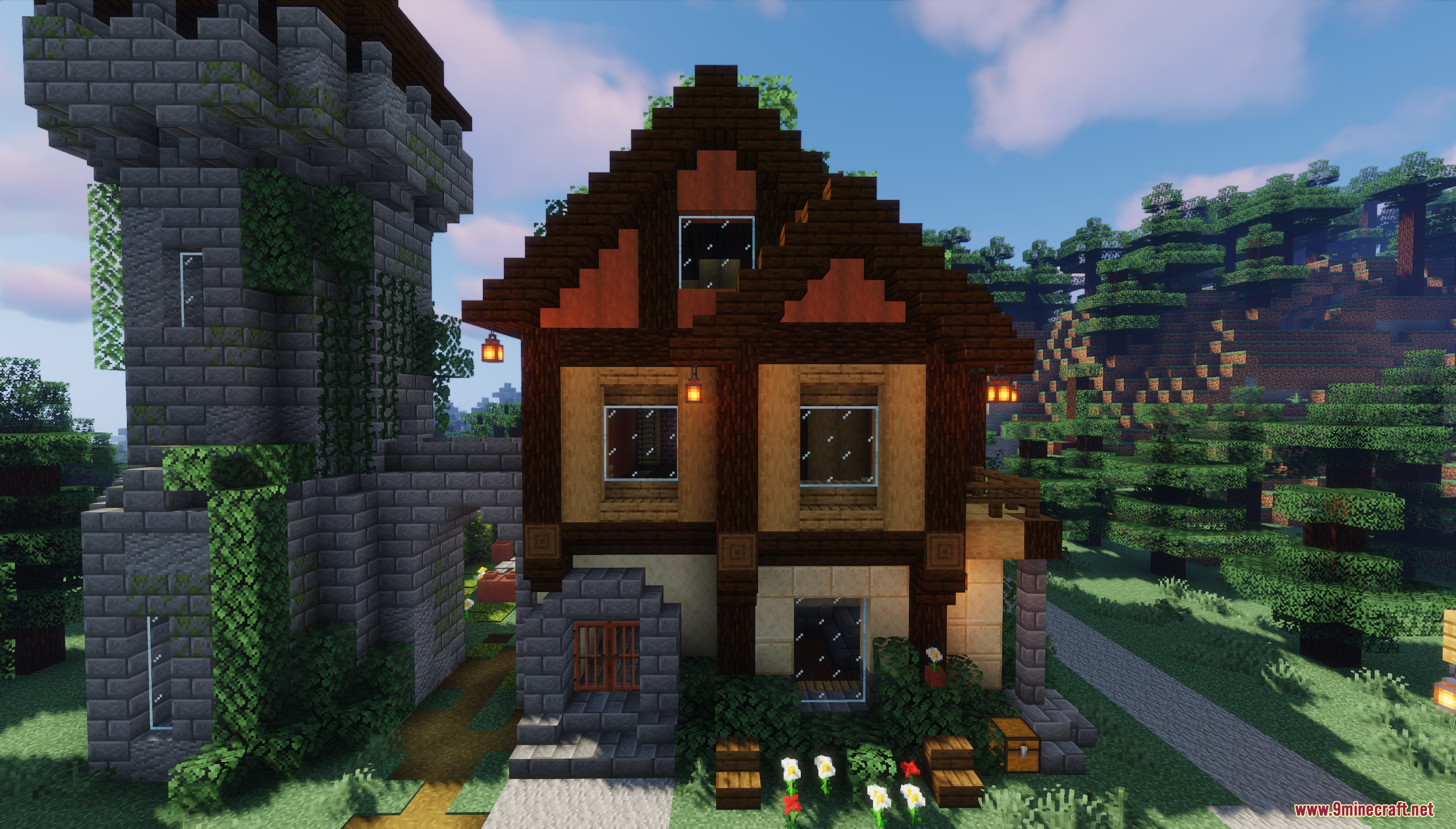A rustic house connected to a stone watchtower by an archway
