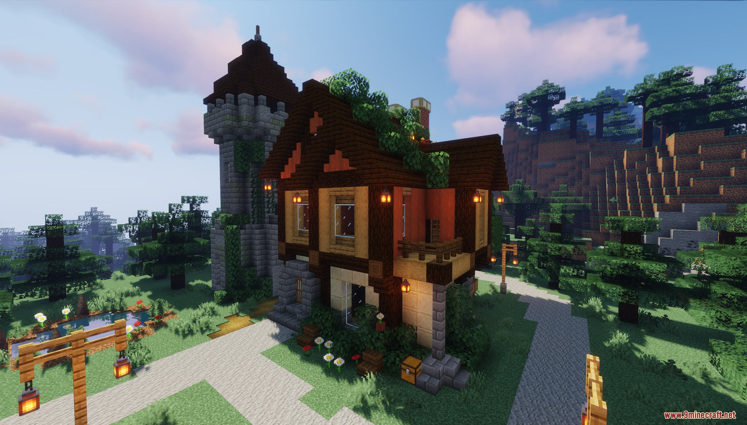 A cozy medieval house with a stone watchtower at dusk
