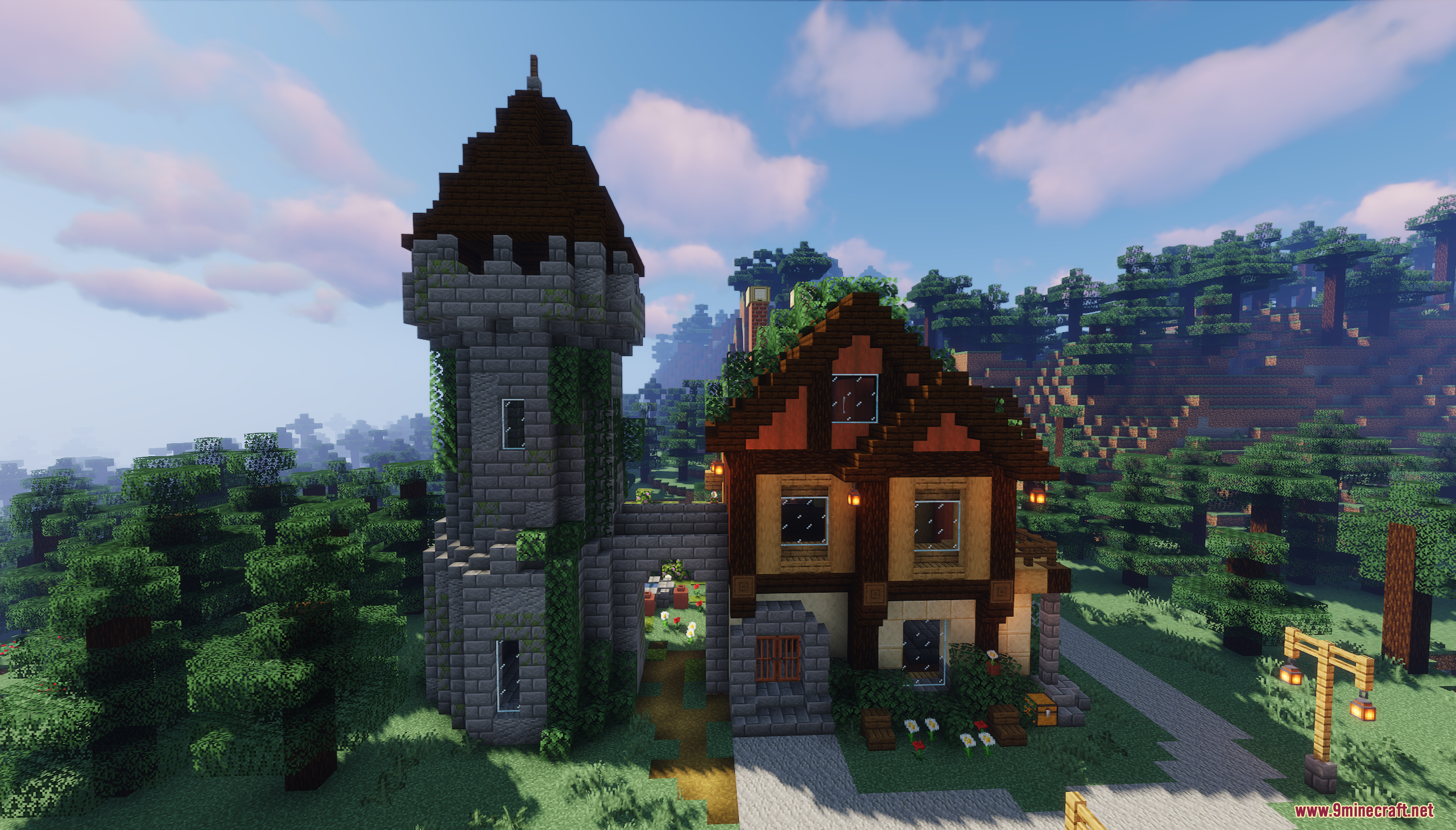 A medieval-style home with an attached stone watchtower