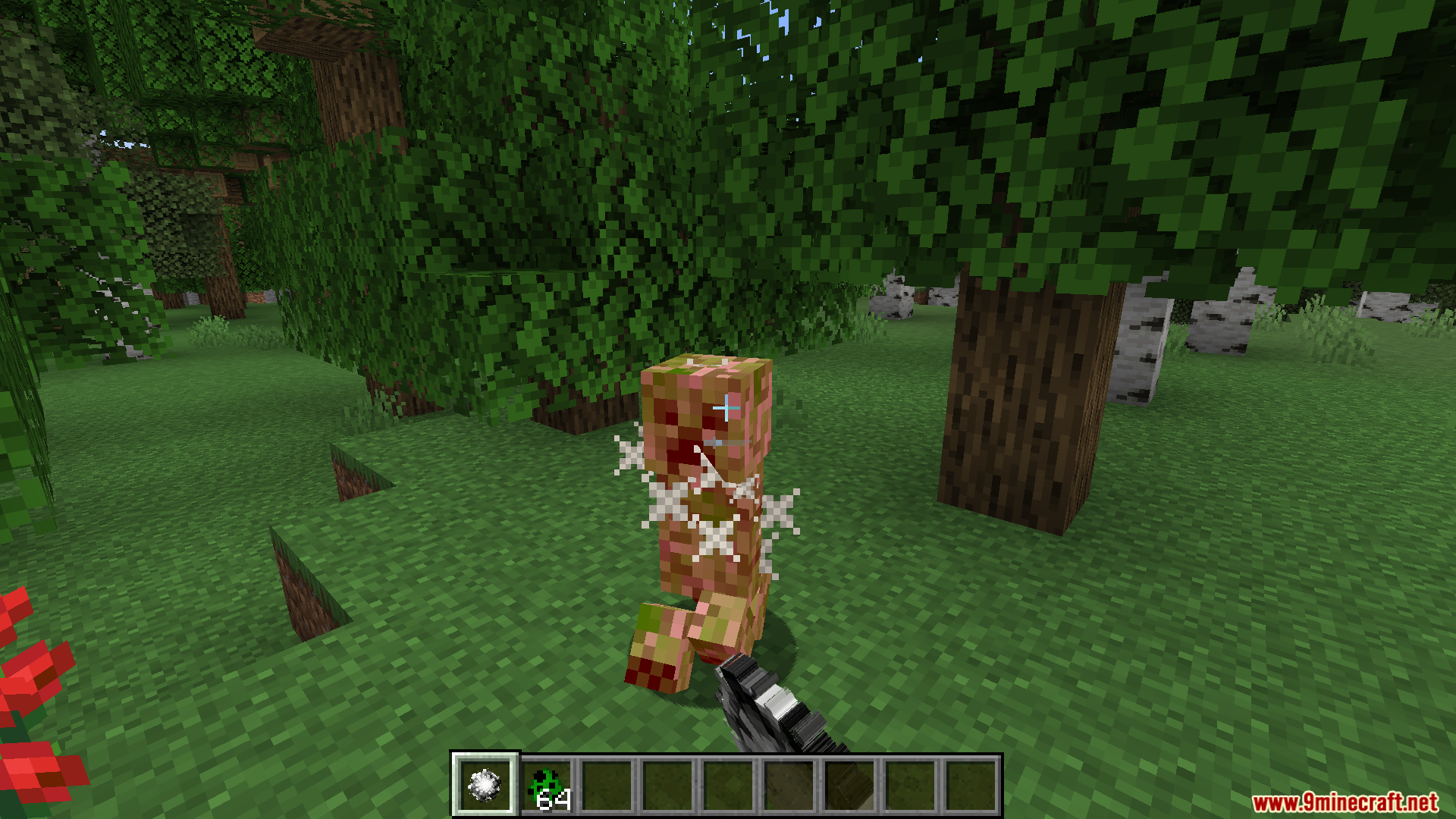 A fleshy, mutated mob with white particle effects