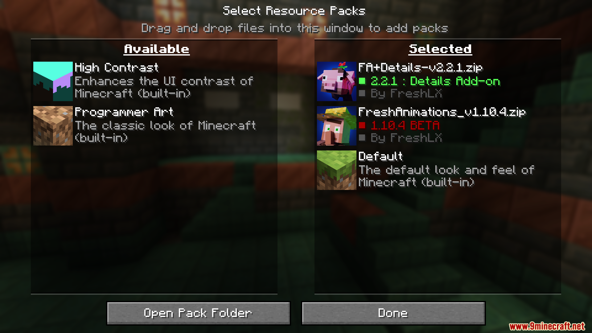 Fresh Animations Details resource pack selected in the menu