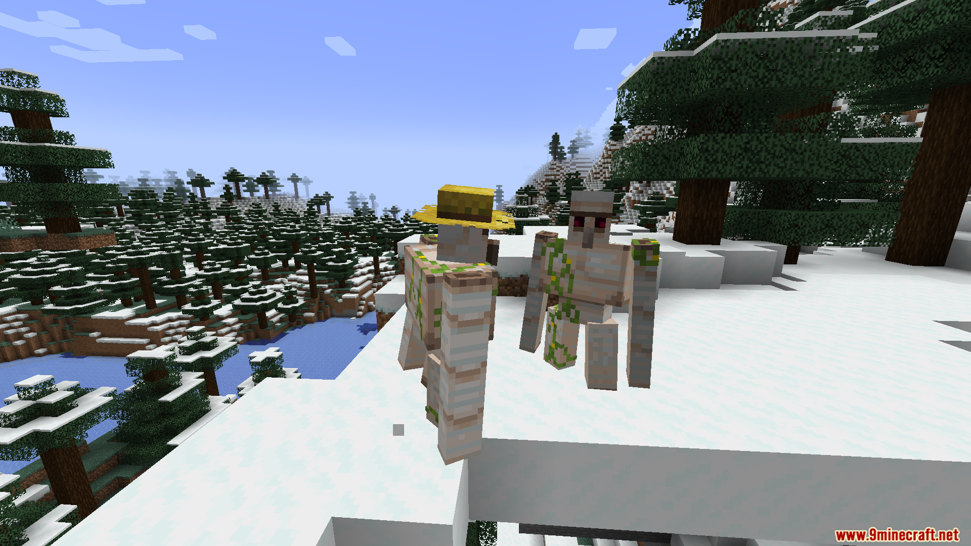Two iron golems with 3D vines and a hat