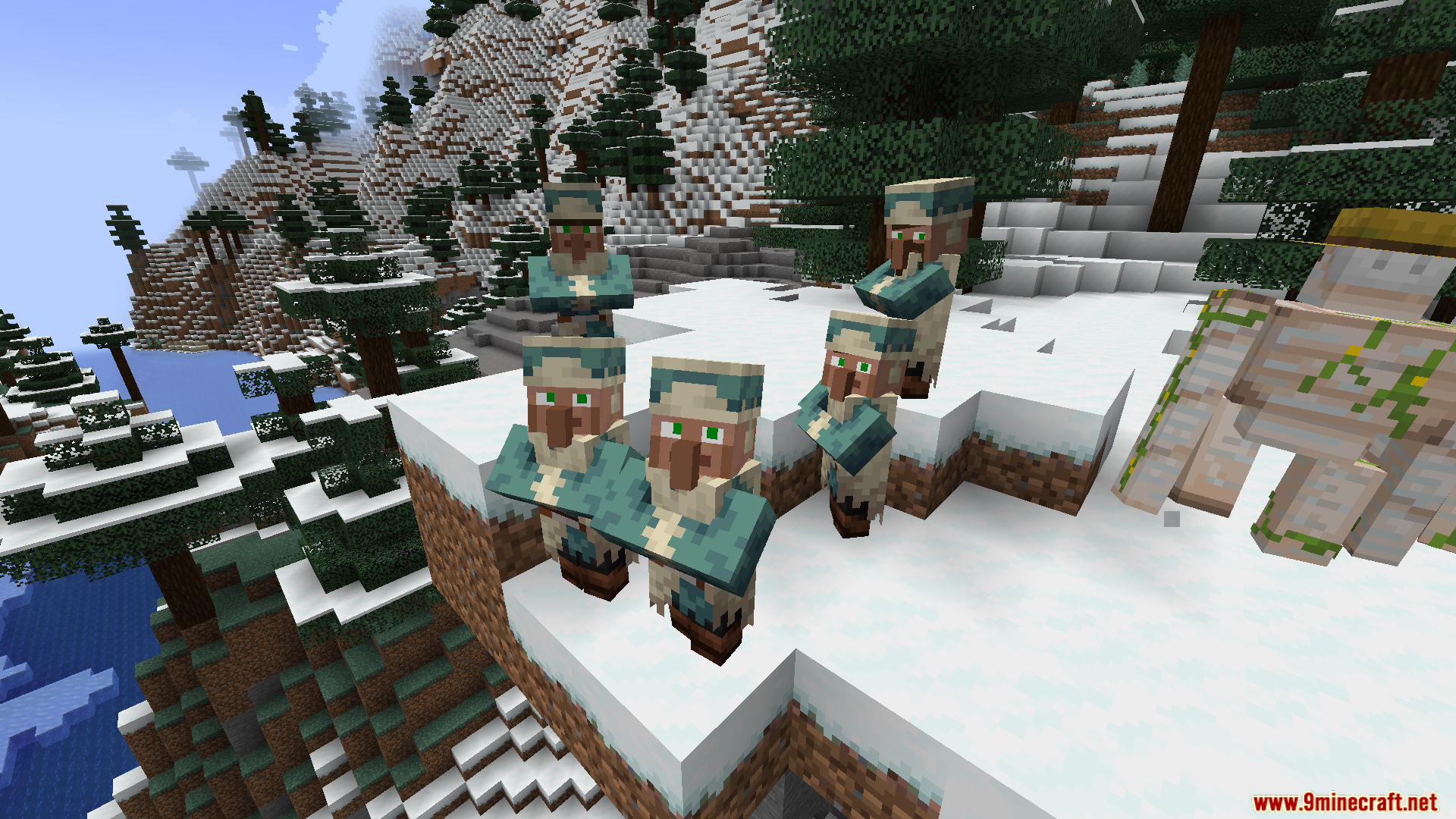 A group of villagers with updated appearances on a cliff