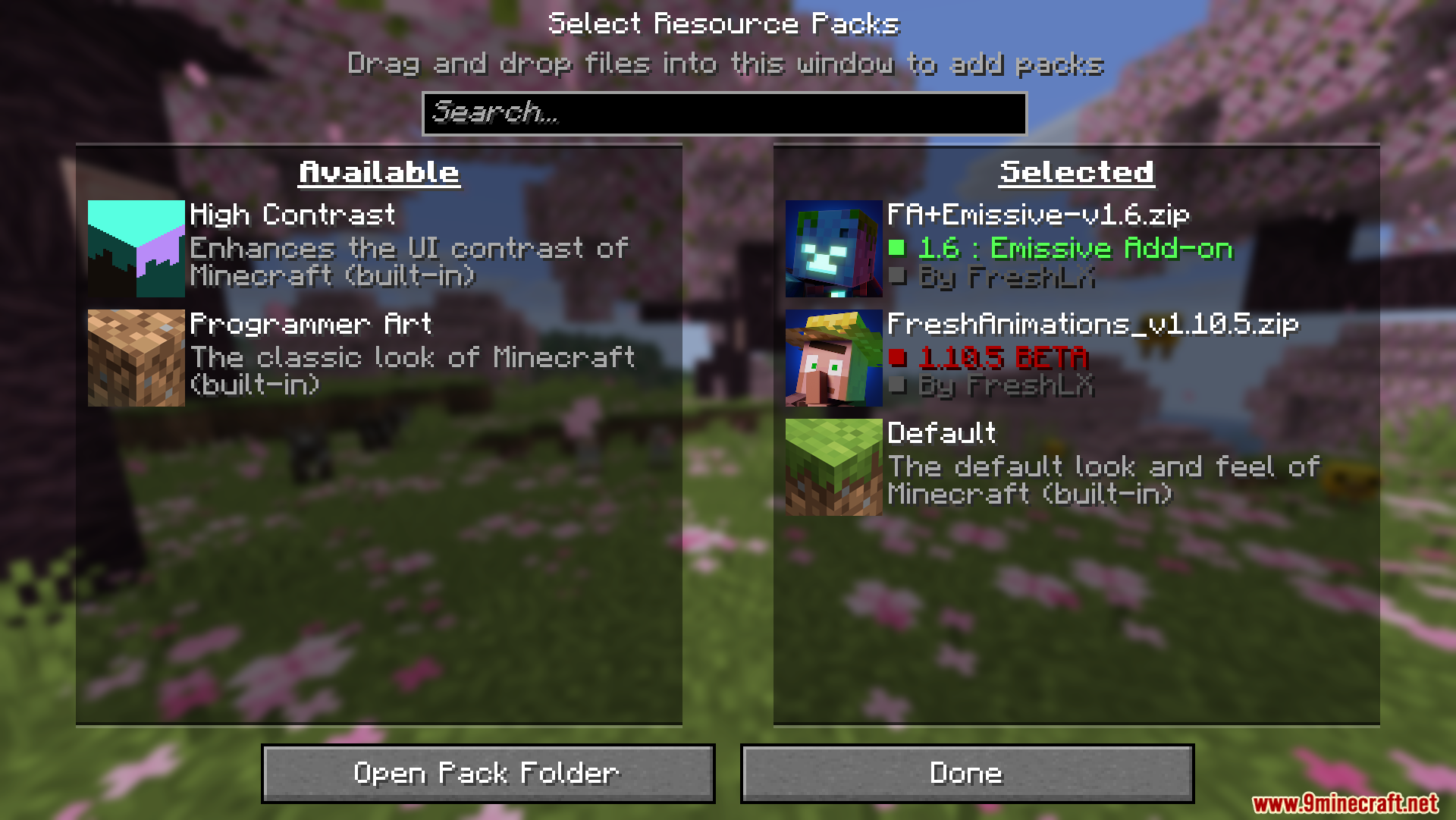 Minecraft resource pack menu showing the emissive add on load order