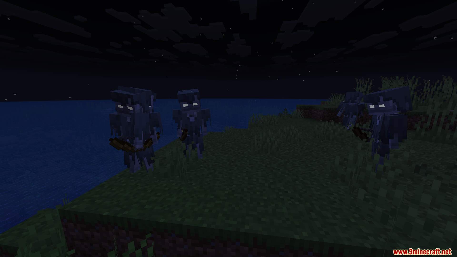 Stray skeleton mobs with glowing white eyes holding bows near water at night