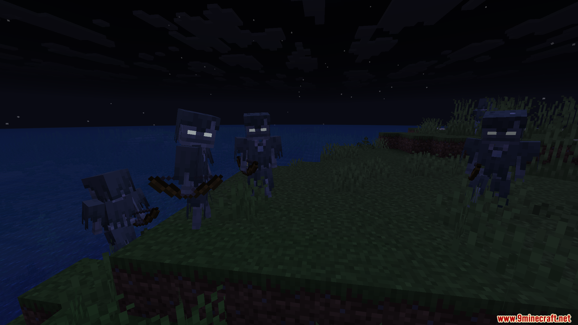 Strays with glowing white eyes standing on a grassy shore at night