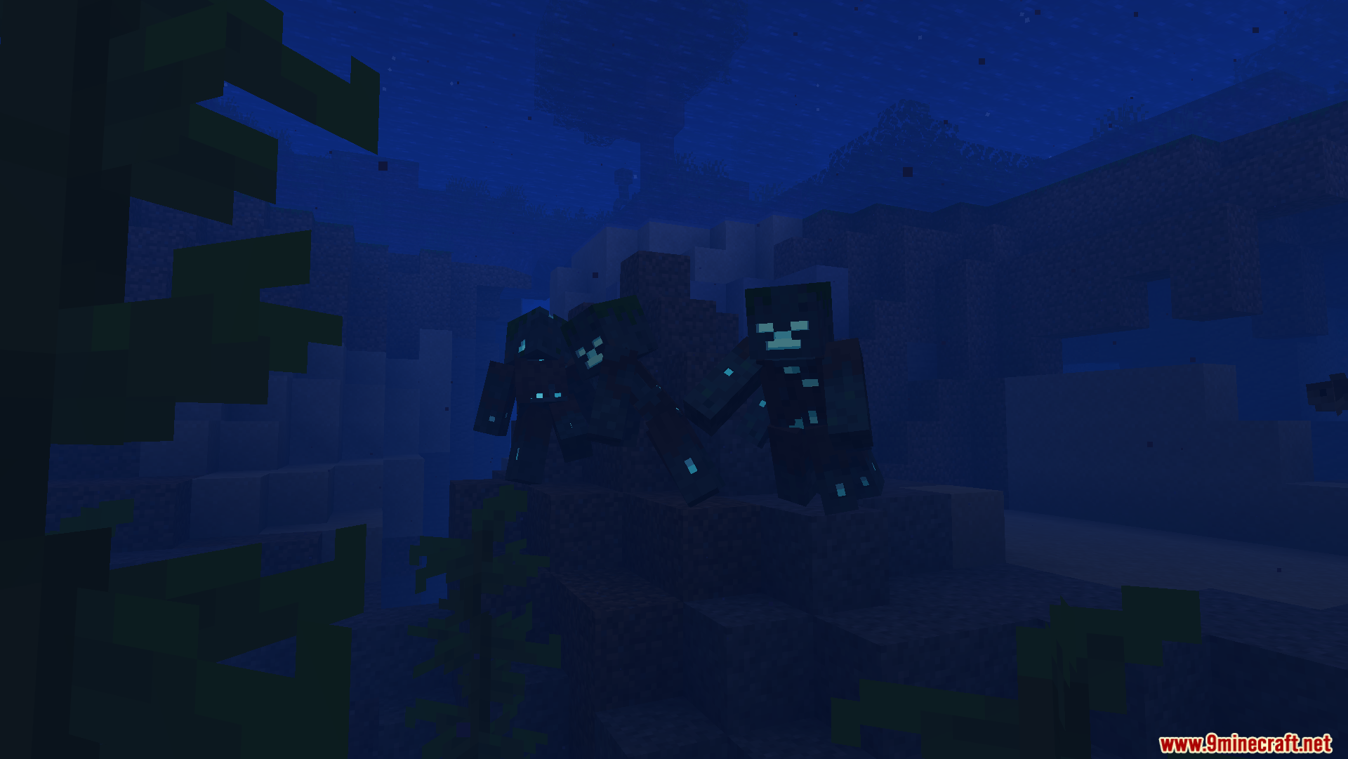 Three Drowned mobs with glowing features standing underwater in the dark