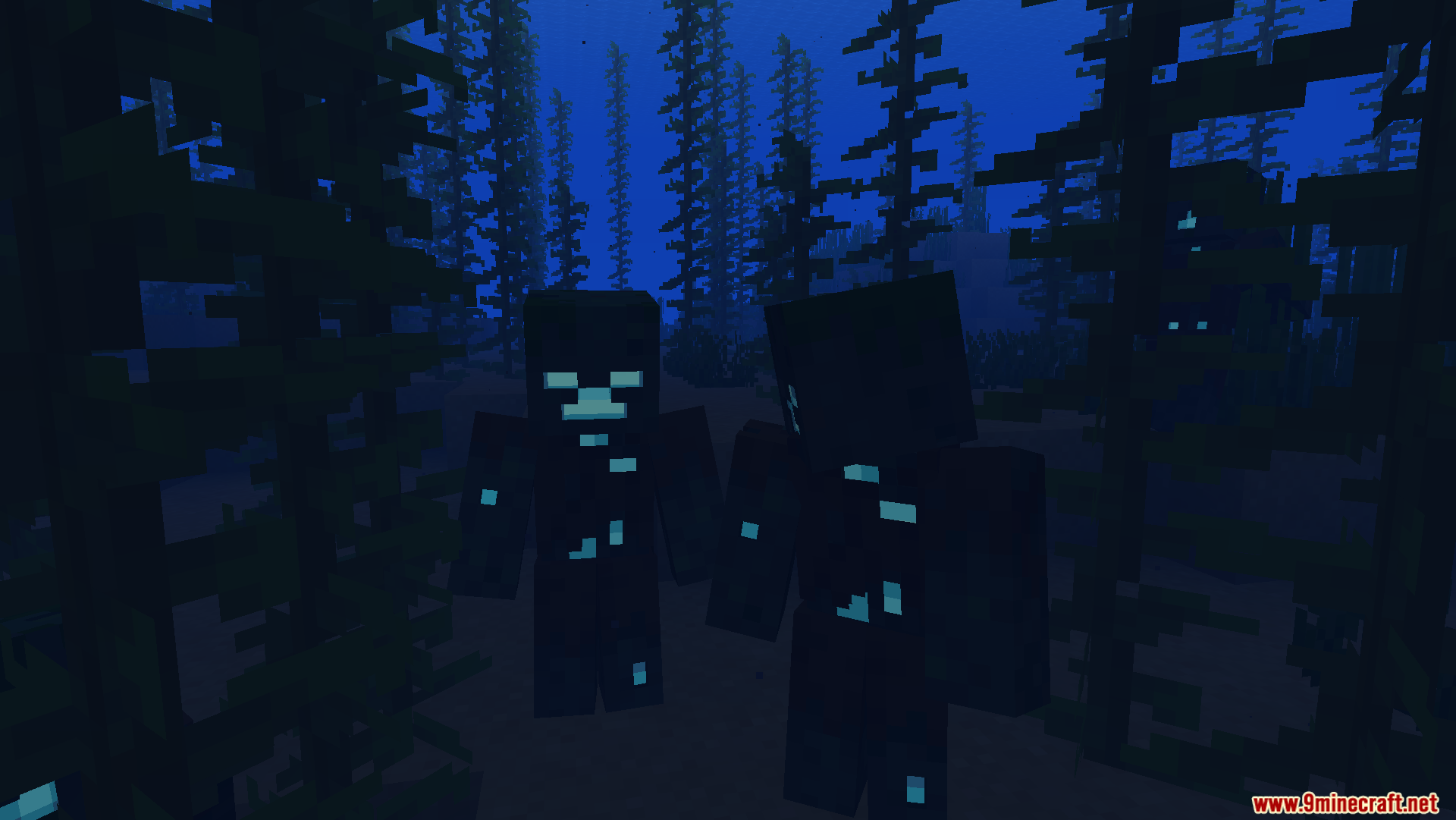 Two drowned mobs underwater with glowing eyes and body parts in the dark