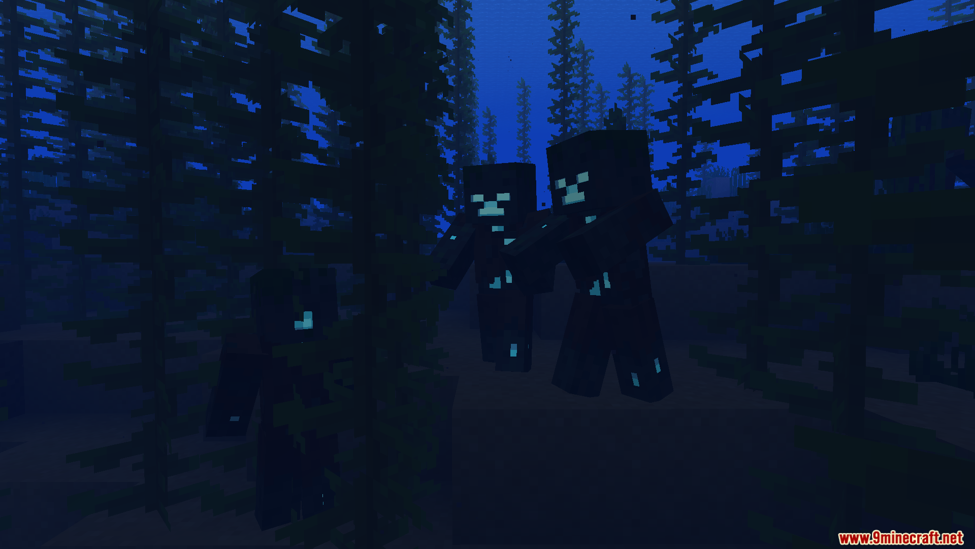 Three Drowned mobs with glowing blue eyes swimming underwater in a kelp forest