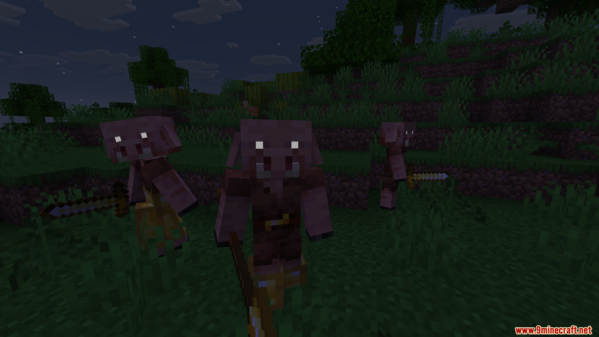 A group of Piglins with bright glowing eyes holding swords at night