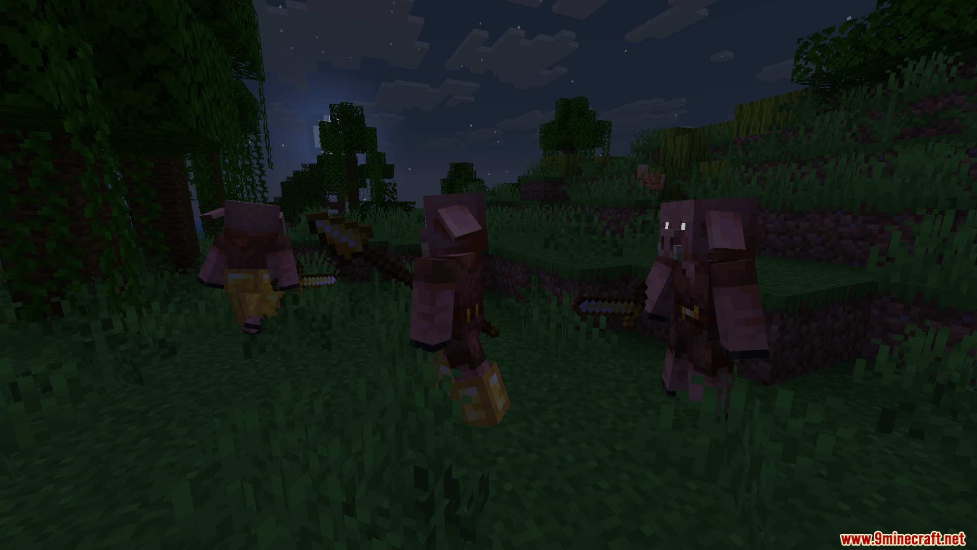 Piglins with glowing white eyes holding golden weapons in a dark forest