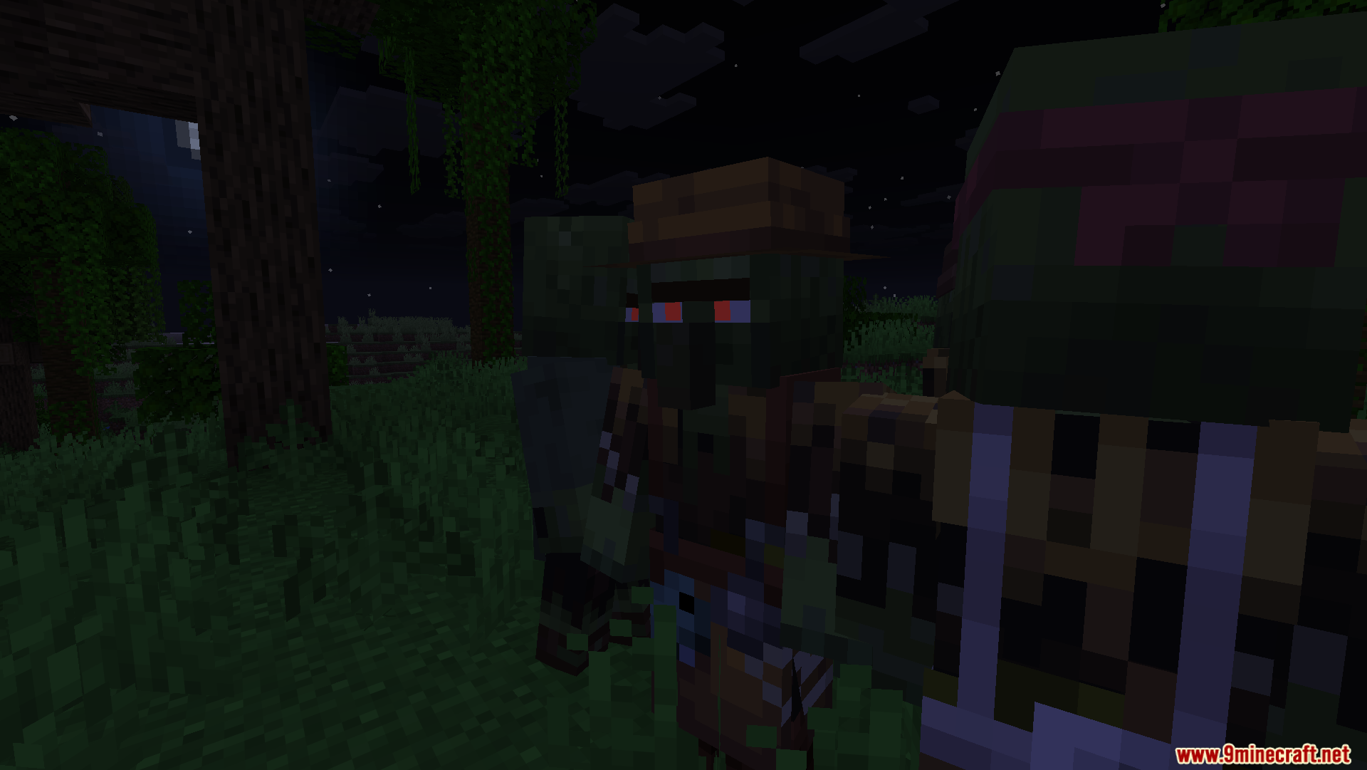 Close up of a zombie villager with glowing red eyes at night
