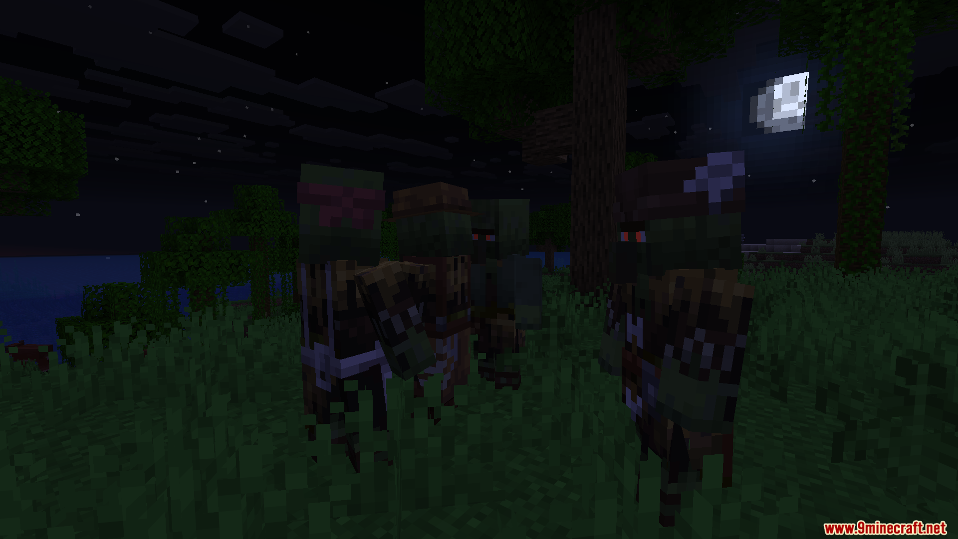 Minecraft zombie mobs with glowing red eyes standing in the dark grass