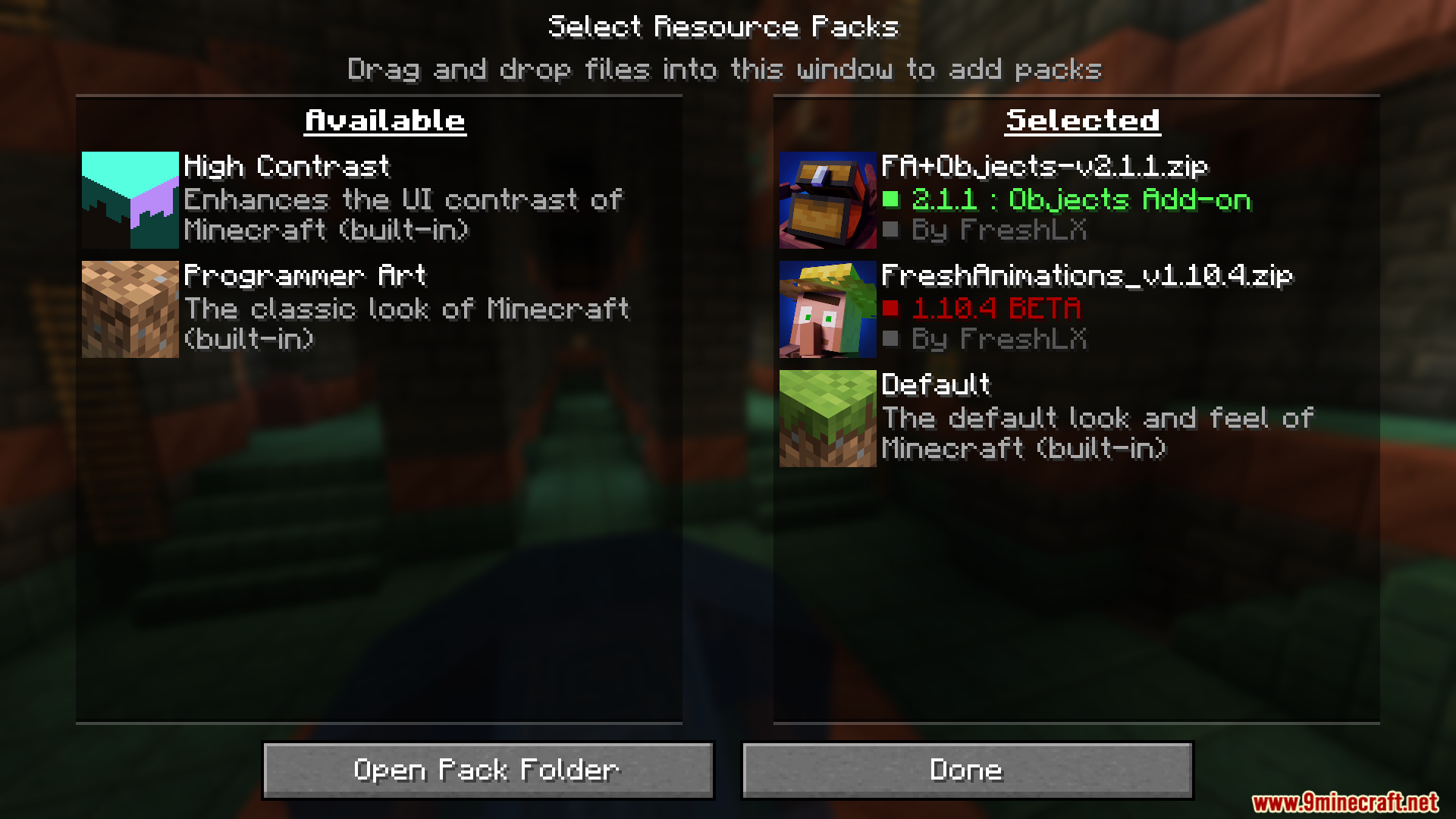 Resource pack selection screen showing the correct load order for animated objects