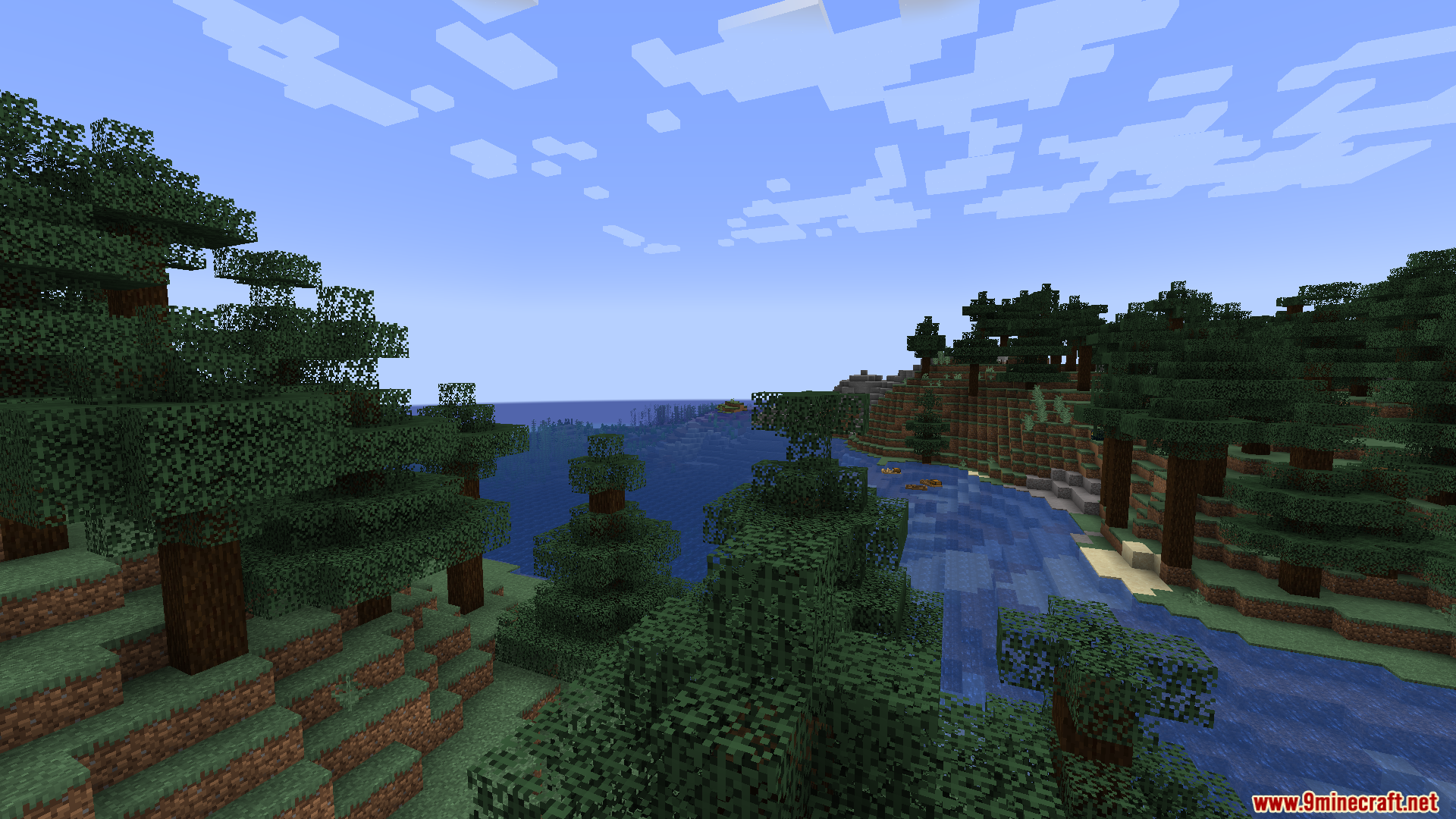 River flowing through a spruce forest with wooden boats floating in the distance