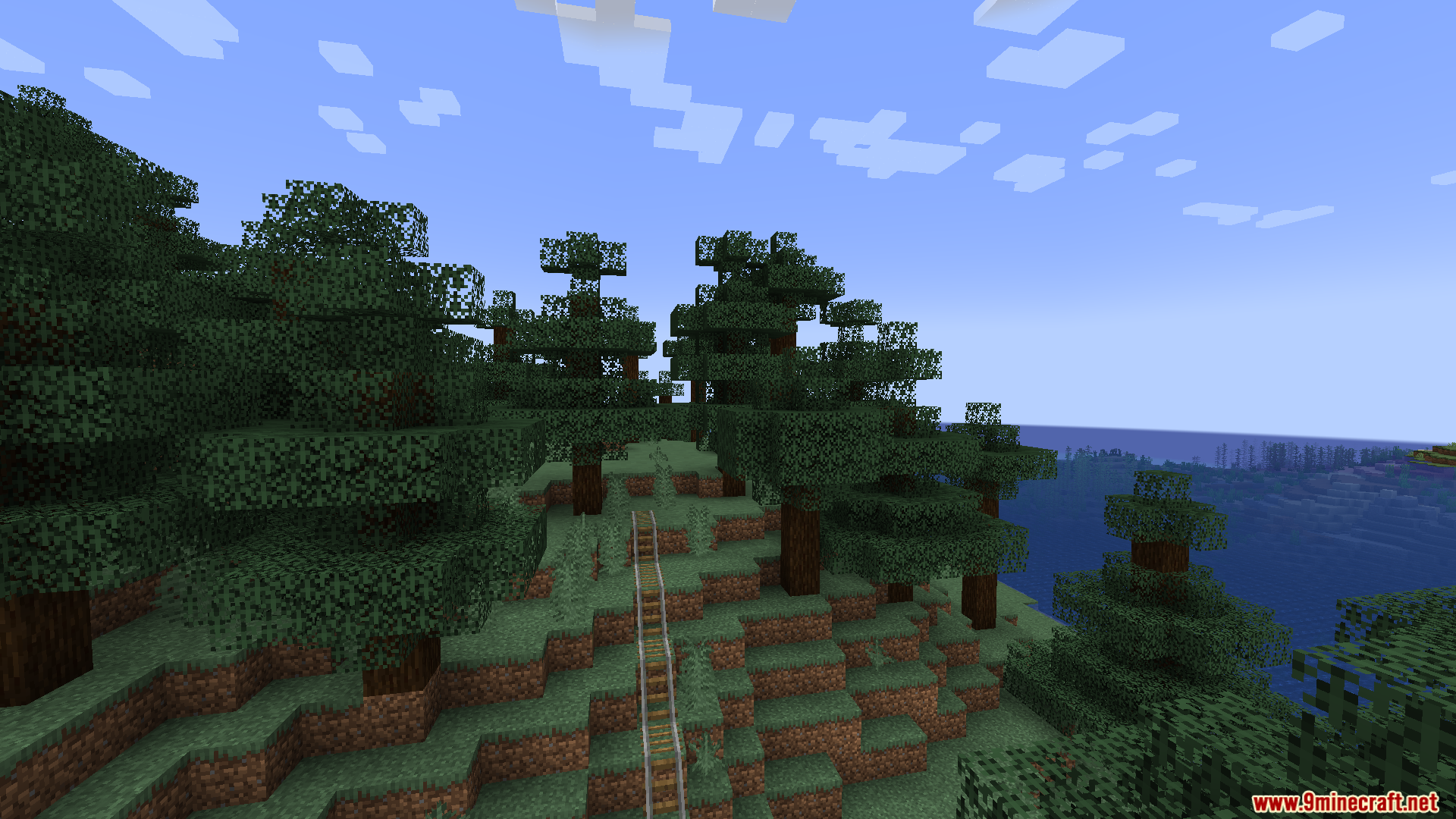 Minecart rails going down a grassy hill towards the ocean water